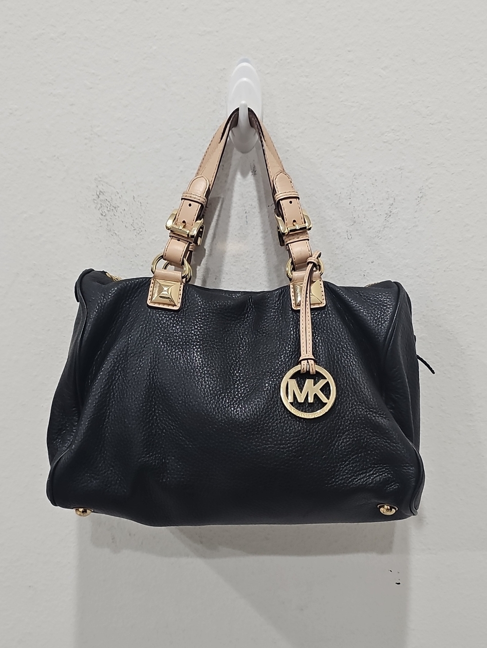 Michael Kors Black Pebbled Leather Satchel Handbag with Gold-Tone Hardware